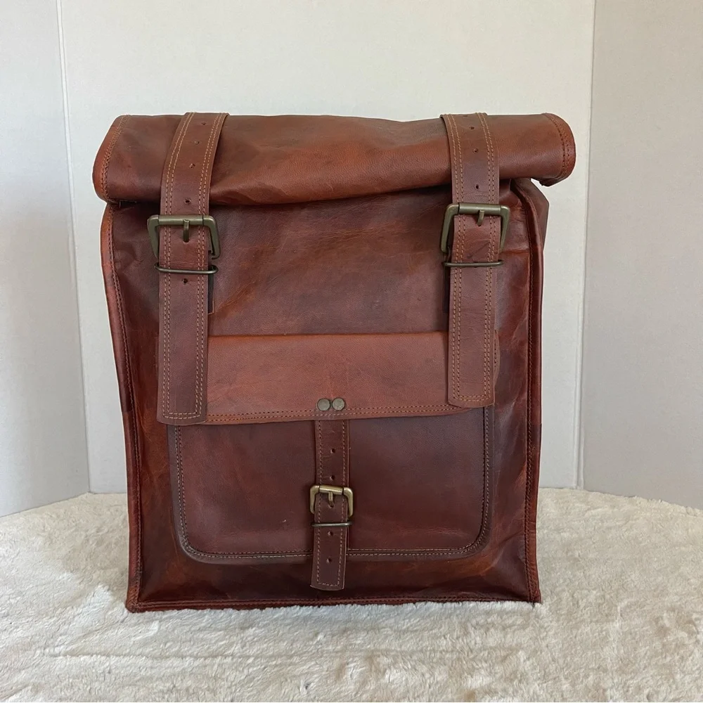 Roll Top Backpack Rucksack Rolling Bag Travel Bikers Genuine Leather Bag